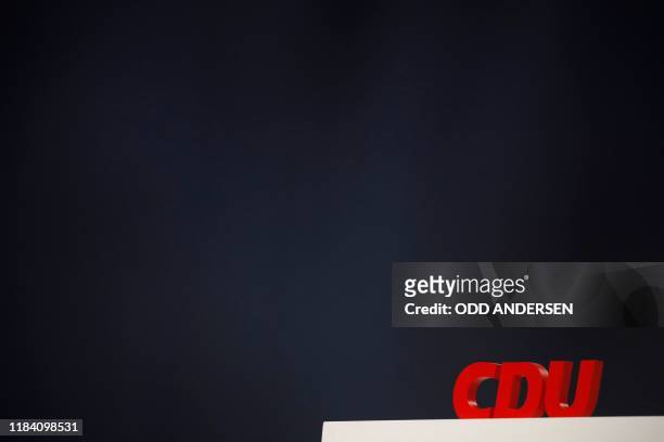 The logo of the Christian Democratic Union is pictured during a party congress of Germany's Christian Democratic Union on November 23, 2019 in...
