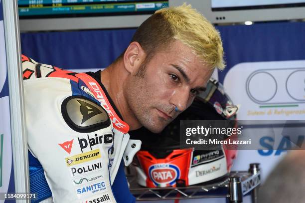 Mattia Pasini of Italy and Tasca Racing Scuderia Moto2 looks on in box during the MotoGP of Thailand - Free Practice on October 04, 2019 in Bangkok,...