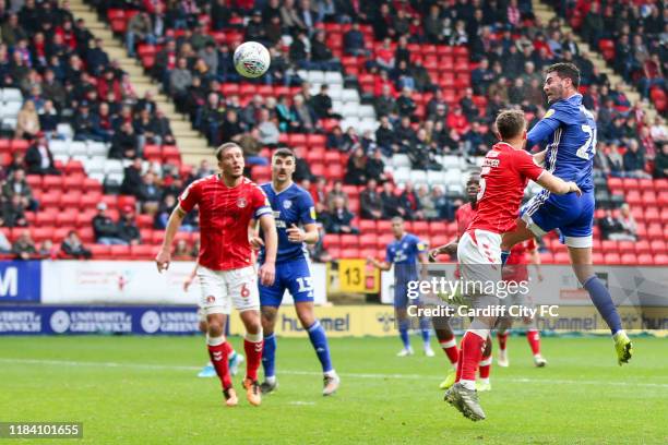 Tom Lockyer of Charlton Athletic and Gary Madine of Cardiff City FC during the Sky Bet Championship match between Charlton Athletic and Cardiff City...