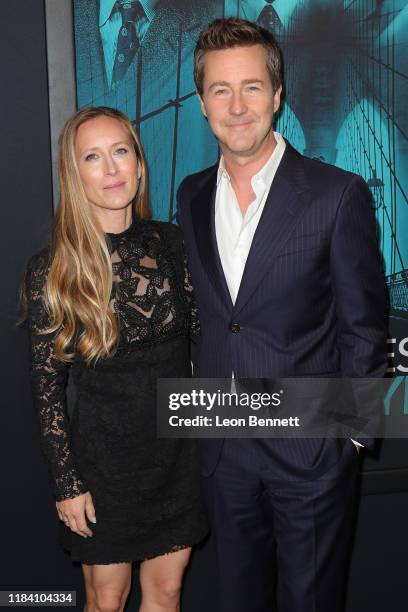 Shauna Robertson and Edward Norton attend the premiere of Warner Bros Pictures' "Motherless Brooklyn" on October 28, 2019 in Los Angeles, California.