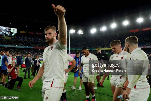 George Kruis of England thanks the crowd after winning the Rugby World Cup 2019 Semi-Final match between England and New Zealand at International...