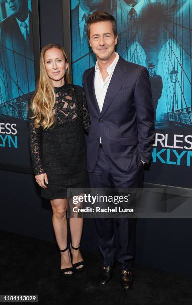 Shauna Robertson and Edward Norton attend the premiere of Warner Bros Pictures' "Motherless Brooklyn" on October 28, 2019 in Los Angeles, California.