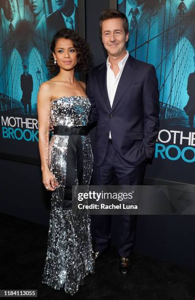 Gugu Mbatha-Raw and Edward Norton attend the premiere of Warner Bros Pictures' "Motherless Brooklyn" on October 28, 2019 in Los Angeles, California.