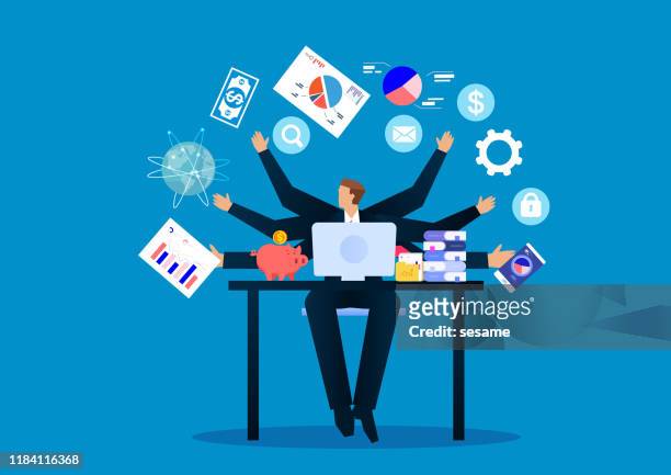 ilustraciones, imágenes clip art, dibujos animados e iconos de stock de empresario ocupado realizando trabajos multitarea - multi tasking
