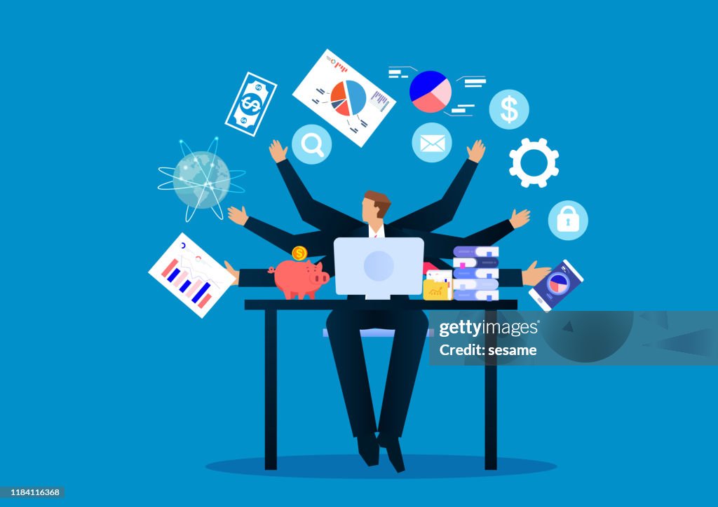 Multitasking Raphic Businessman Busy Performing Multitasking Work High-Res Vector Graphic ...
