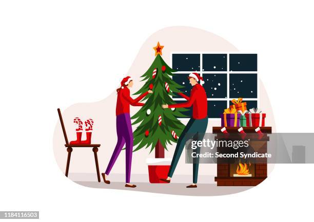 flat illustration christmas theme - christmas home interior stock illustrations
