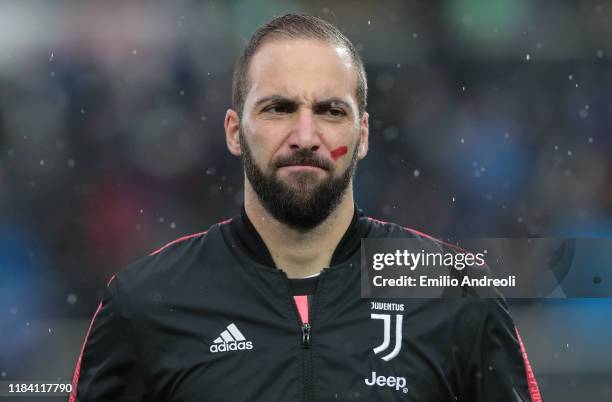Gonzalo Higuain of Juventus looks on during the Serie A match between Atalanta BC and Juventus at Gewiss Stadium on November 23, 2019 in Bergamo,...