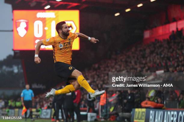 Joao Moutinho of Wolverhampton Wanderers celebrates after scoring a goal to make it 0-1 during the Premier League match between AFC Bournemouth and...