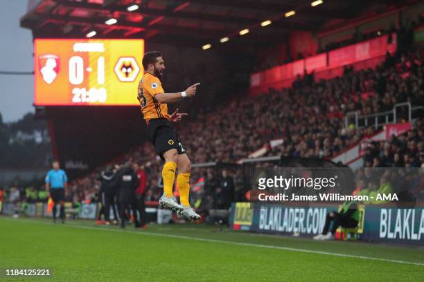 Joao Moutinho of Wolverhampton Wanderers celebrates after scoring a goal to make it 0-1 during the Premier League match between AFC Bournemouth and...
