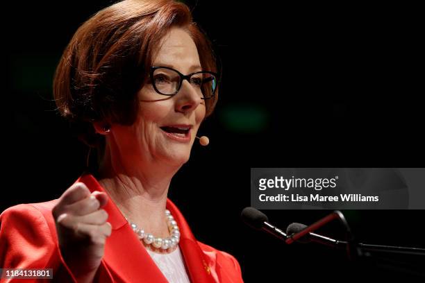 Julia Gillard, Chair of Beyond Blue speaks during the City of Sydney CityTalks event at Sydney Town Hall on October 29, 2019 in Sydney, Australia....