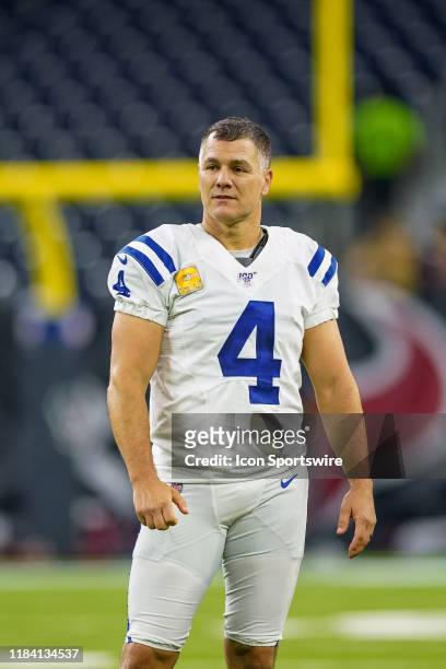 Indianapolis Colts kicker Adam Vinatieri looks over before the game between the Indianapolis Colts and Houston Texas on November 21, 2019 at NRG...