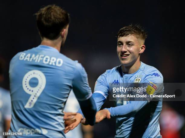 Leeds United's Patrick Bamford celebrates with Jack Clarke after his side got a late winner courtesy of a Matty Pearson own goal during the Sky Bet...