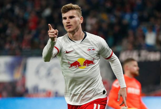 RB Leipzig's German forward Timo Werner celebrates scoring the opening goal during the German first division Bundesliga football match RB Leipzig v FC...