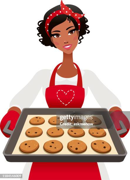 illustrazioni stock, clip art, cartoni animati e icone di tendenza di giovane donna con biscotti appena sfornati - madre casalinga
