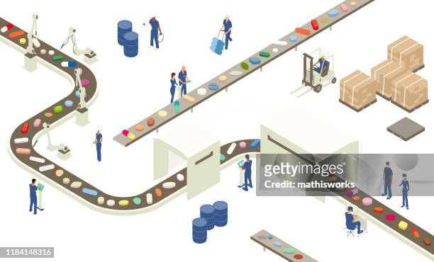 pharmaceutical industry illustration - manufacturing equipment stock illustrations
