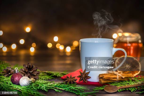 cup of hot christmas drinks with copy space stock photo - christmas coffee stock pictures, royalty-free photos & images