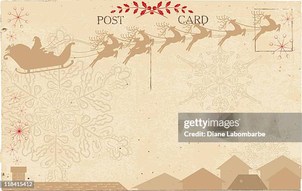 illustrations, cliparts, dessins animés et icônes de vintage carte postale avec un motif de rennes de santa et de beige silhouette - santa vintage