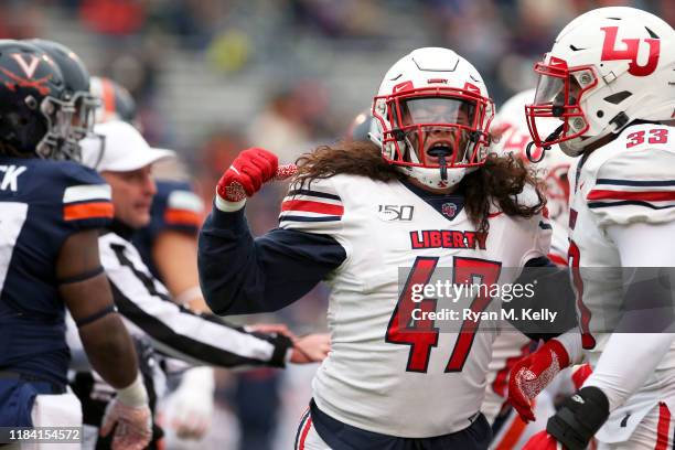 Remington Green of the Liberty Flames celebrates a defensive stop in the first half during a game against the Virginia Cavaliers at Scott Stadium on...