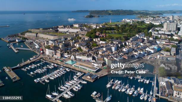 areal view of a marina in plymouth, devon - plymouth hoe stock pictures, royalty-free photos & images