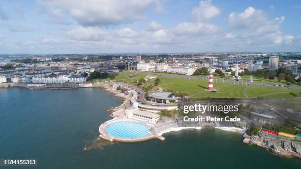 areal view of plymouth waterfront and lido - waterfront stock pictures, royalty-free photos & images