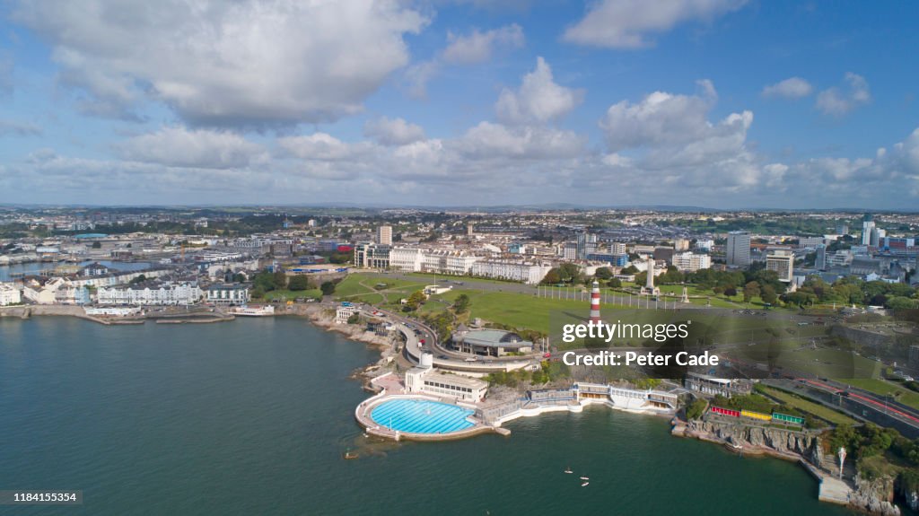 Areal view of Plymouth waterfront and lido