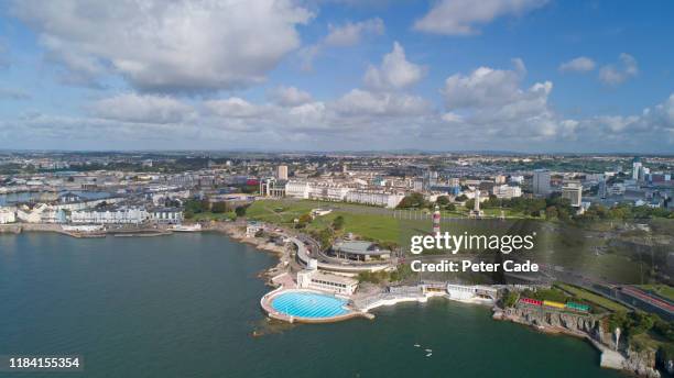 areal view of plymouth waterfront and lido - lido stock pictures, royalty-free photos & images
