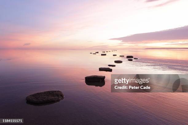stepping stones over tranquil water - stone imagens e fotografias de stock