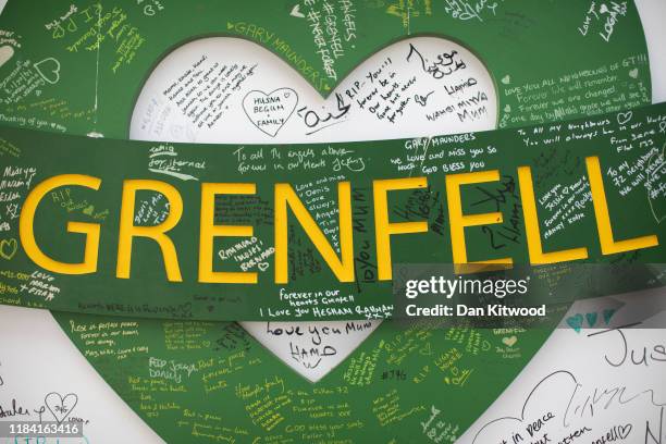 Messages of condolence on a board, close to Grenfell Tower on October 29, 2019 in London, England. The first phase of an inquiry into the 2017 fire,...