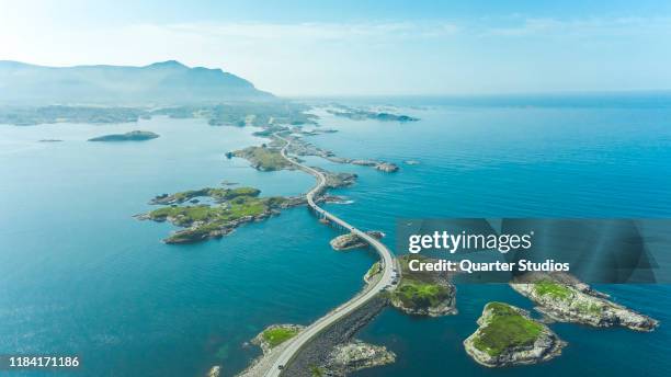 aerial view of atlantic way on west coast of norway - oceano atlântico imagens e fotografias de stock