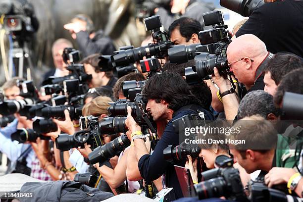 Photographers at the world premiere of Harry Potter and the Deathly Hallows Part 2 at Trafalgar Square on July 7, 2011 in London, England.