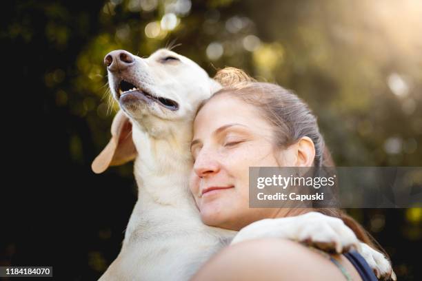 woman hugging her dog - animals in love stock pictures, royalty-free photos & images