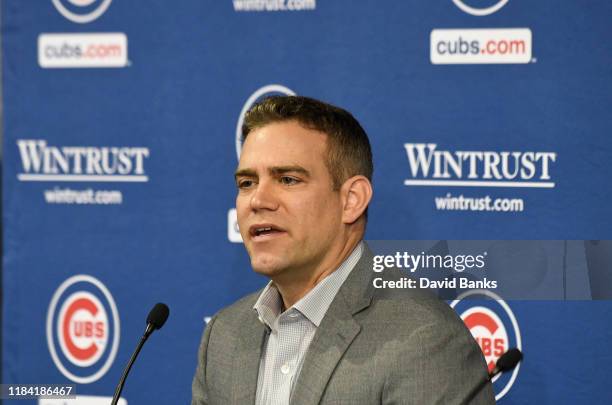 Theo Epstein, president of baseball operations of the Chicago Cubs at a press conference introducing David Ross as the new manager of the Chicago...