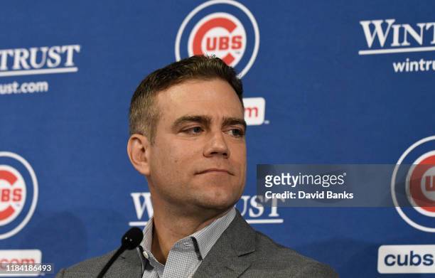Theo Epstein, president of baseball operations of the Chicago Cubs at a press conference introducing David Ross as the new manager of the Chicago...
