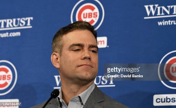 Theo Epstein, president of baseball operations of the Chicago Cubs at a press conference introducing David Ross as the new manager of the Chicago...