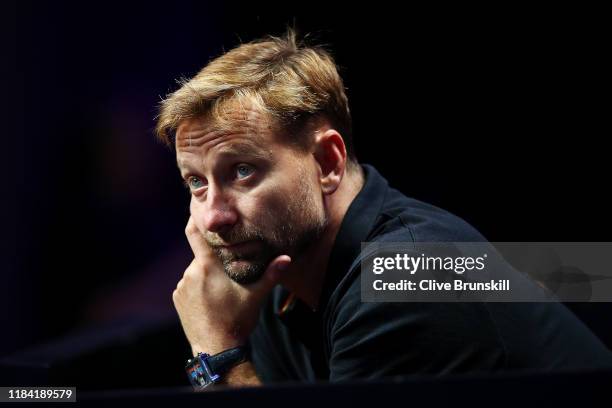 Jiri Vanek, coach of Petra Kvitova of the Czech Republic looks on during their Women's Singles match between Kvitova and Belinda Bencic of...