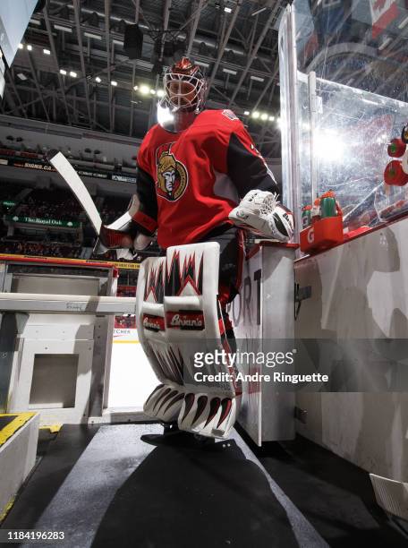 Anders Nilsson of the Ottawa Senators leaves the ice after warmup prior to a game against the San Jose Sharks at Canadian Tire Centre on October 27,...