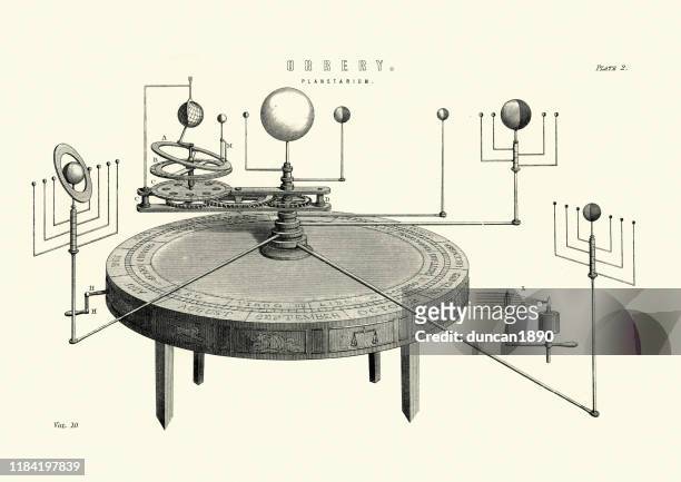 orrery, planetarium, mechanical model of the solar system, 19th century - old machinery stock illustrations
