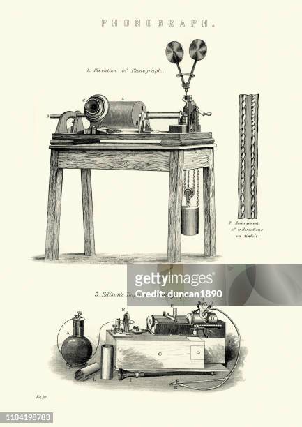 vintage audio equipment, phonographs, victorian 19th century - edison stock illustrations