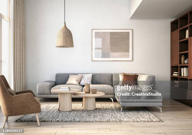 moderne skandinavische wohnzimmer interieur - 3d render - domestic room stock-fotos und bilder