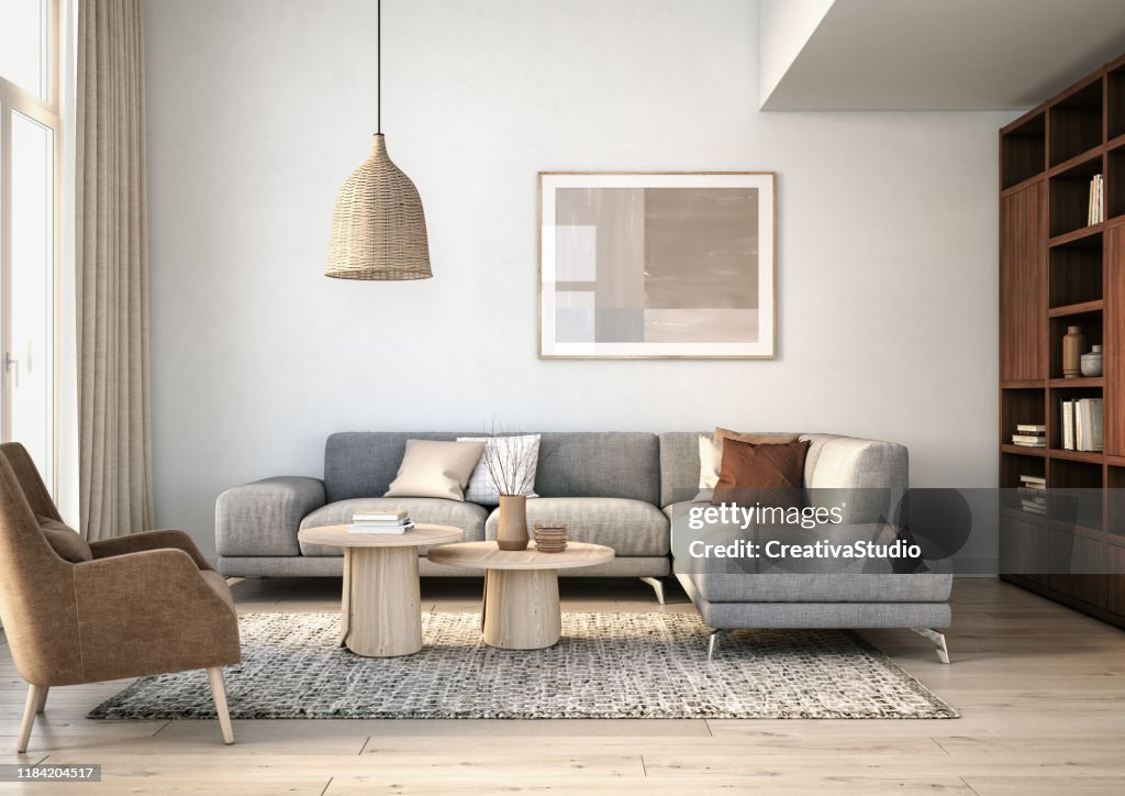 Moderno interno del soggiorno scandinavo - rendering 3d