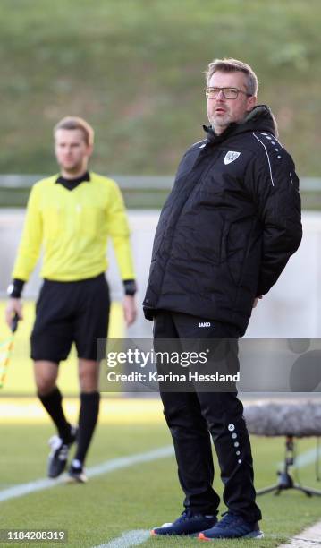 Headcoach Sven Huebscher of Muenster reacts during the 3. Liga match between FSV Zwickau and Preussen Muenster at GGZ Arena on November 23, 2019 in...