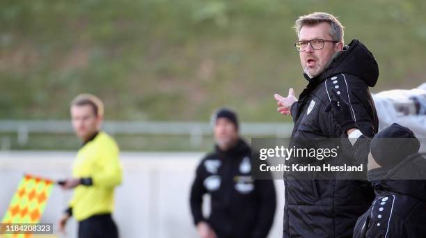 Headcoach Sven Huebscher of Muenster reacts during the 3. Liga match between FSV Zwickau and Preussen Muenster at GGZ Arena on November 23, 2019 in...