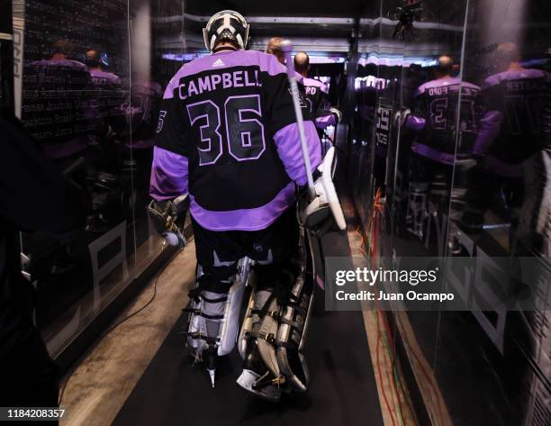 Goaltender Jack Campbell of the Los Angeles Kings takes the ice for warm-up before the game against the Arizona Coyotes at STAPLES Center on November...