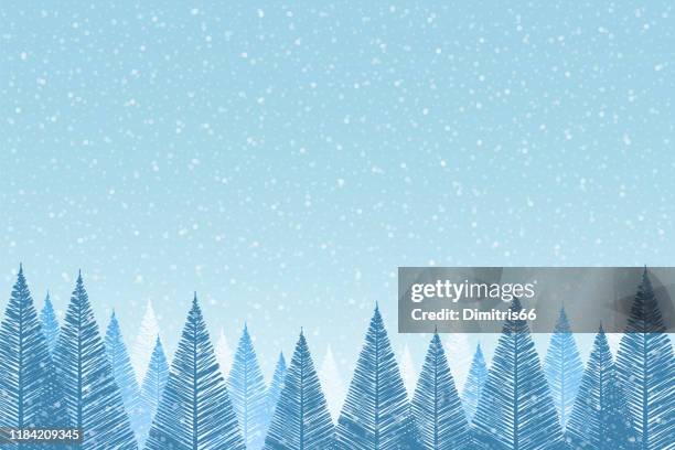 snowfall - tranquil christmas scene with falling snow and fir trees - turquoise colored stock illustrations