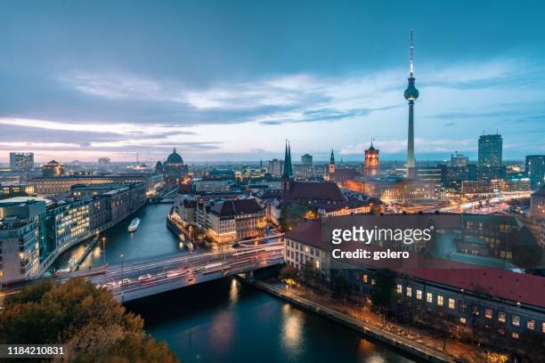 blue hour over berlin cityscape - berlin stock pictures, royalty-free photos & images