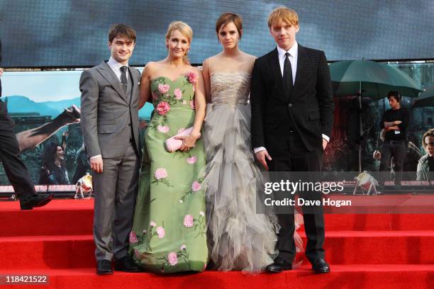 Daniel Radcliffe, J.K Rowling, Emma Watson and Rupert Grint attend the world premiere of Harry Potter and the Deathly Hallows Part 2 at Trafalgar...