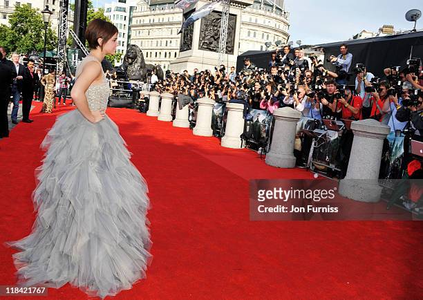 Actress Emma Watson attends the "Harry Potter And The Deathly Hallows Part 2" world premiere at Trafalgar Square on July 7, 2011 in London, England.
