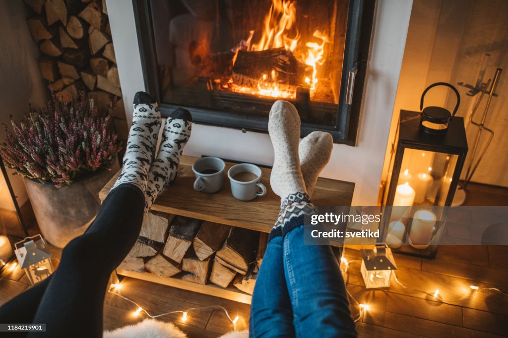 Winter day by fireplace