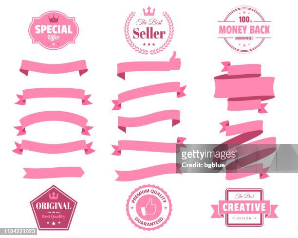 set of pink ribbons, banners, badges, labels - design elements on white background - ribbon sewing item stock illustrations