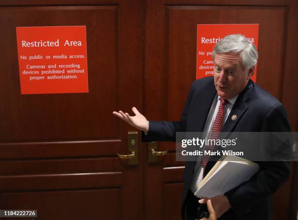 Rep. Mark Meadows speaks to reporters before entering a closed-door deposition on Capitol Hill, October 29, 2019 in Washington, DC. Army Lt. Col....